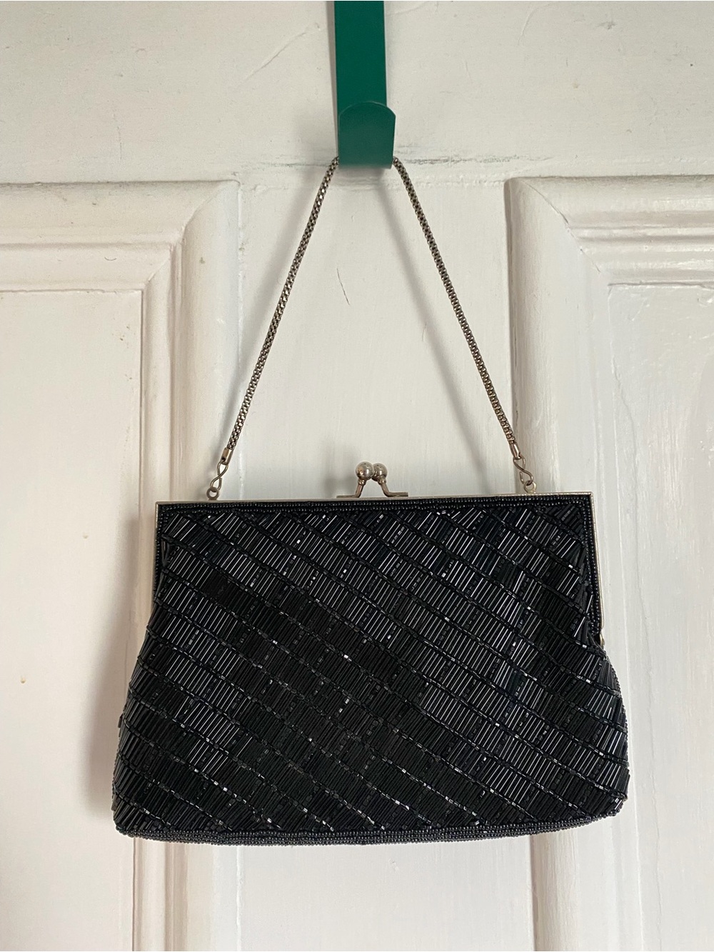 Vintage Black Beaded Evening Handbag - Classic Chain Clasp